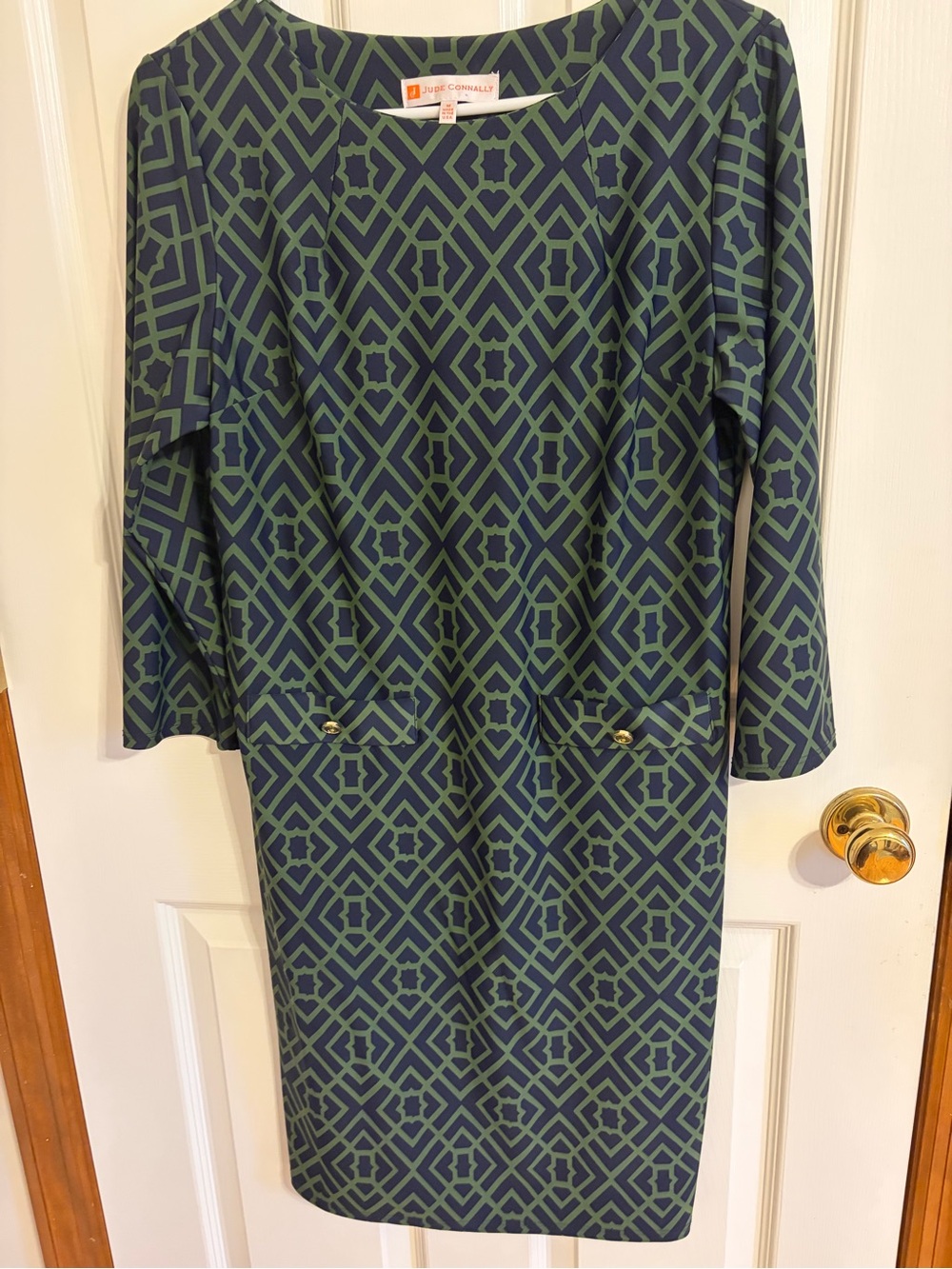 Jude Connally Navy & Green Geometric Long-Sleeve Sheath Dress